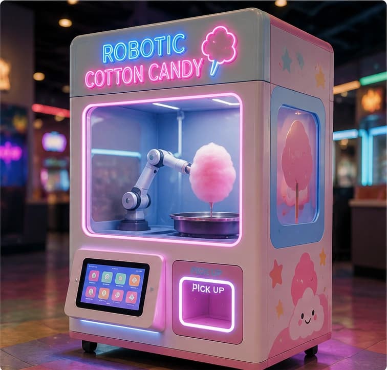 Example robotic cotton candy vending amenity for family entertainment locations